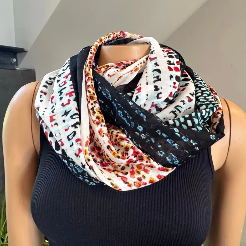 J. Jill Painted Patchwork Infinity Scarf Mixed Print Geometric Floral Cowl Wrap